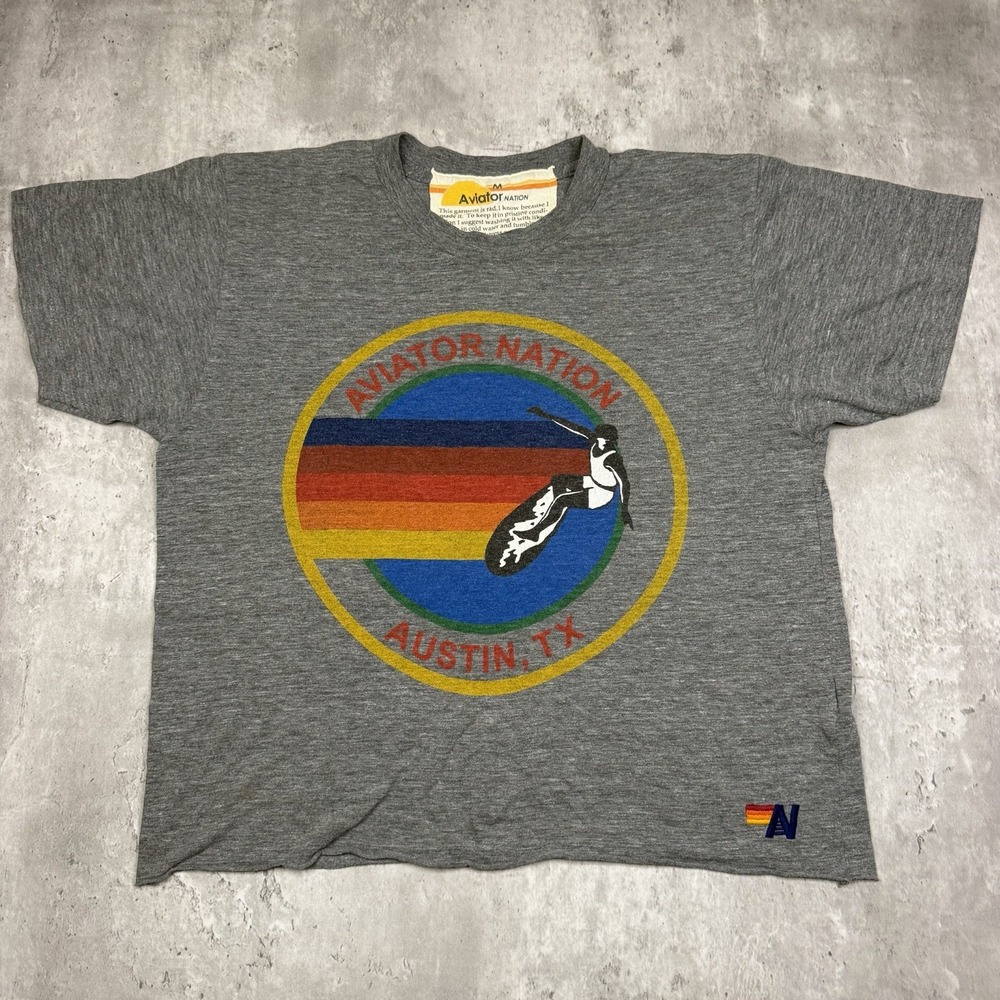 Aviator Nation Cropped T Shirt Womens Medium Gray Austin TX Surf Beach Logo